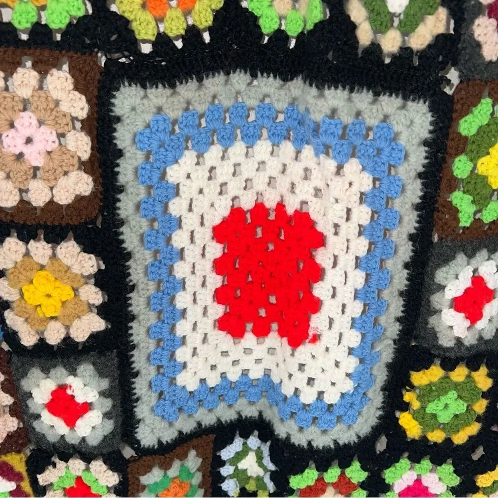 Vintage Afgani Crochet Grandma Square Blanket Throw Quilt Multicolor Handmade